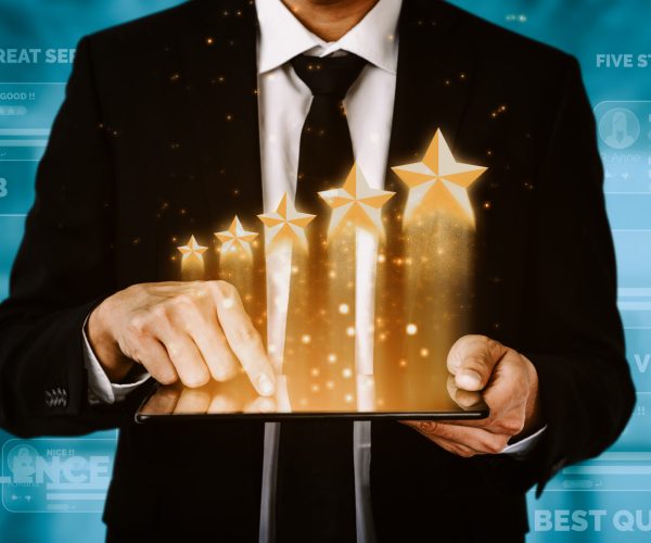 Customer review satisfaction feedback survey concept. User give rating to service experience on online application. Customer can evaluate quality of service lead to reputation ranking of business. uds